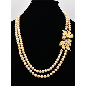 Celebrity NY Vintage Leaf Pearl Necklace Beaded Gold Tone Chunky Signed BinBE